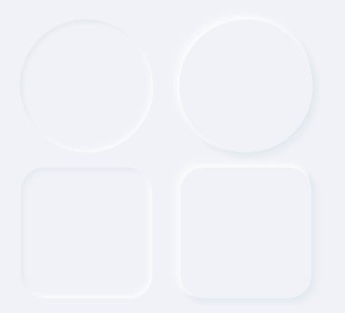 Parlak beyaz eğimli düğmeler. Arka planda internet sembolleri. Nörofik efekt simgeleri. Modaya uygun yumuşak 3B tarzında şekillendirilmiş figür. Çember elips ve küp kümesi