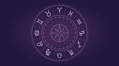 Burç burcu işaretleri. Astrolojik altyapı. Vektör sembolleri. Çemberdeki ana hat simgelerinin basit kümesi.