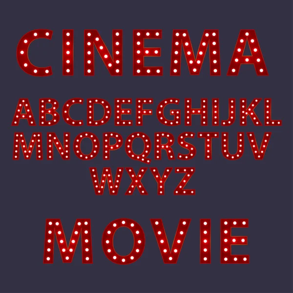 Película Cine Letras Rojas Con Luminosas Bombillas Brillantes Diseño Palabras — Vector de stock