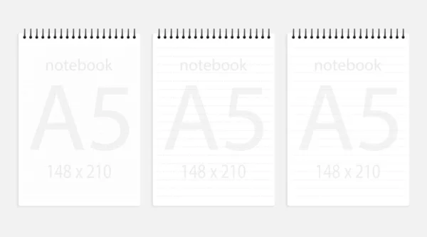 笔记本电脑 148X210套 现实的白色空白记事本纸页模板与虚线和正方形行 整理商业备忘录日记本和有螺旋形图案的空素描本的封面 — 图库矢量图片