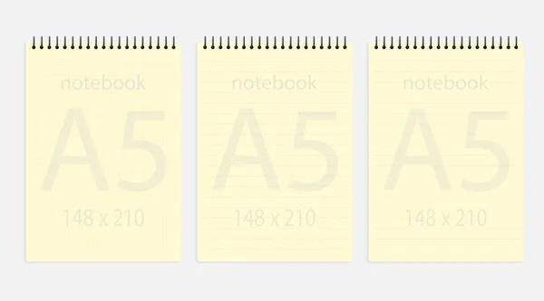 ノートブックA5 148X210セット 破線と二乗線と現実的な黄色の空白のノートパッド紙ページテンプレート モックアップカバーのためにビジネスメモ日記と空のスケッチブックとともにスパイラル — ストックベクタ