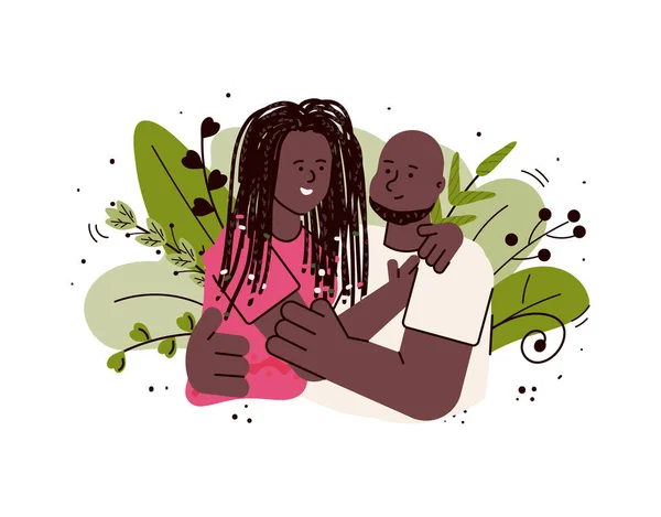 African american loving couple hugging, cartoon vector illustration isolated.