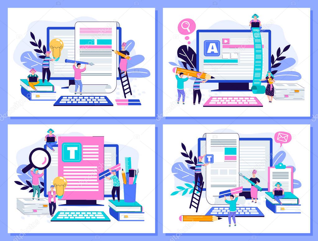 Copywriting And Content Marketing Website Banners Set With People Cartoon Characters In Front Of Computer Devices Cartoon Vector Illustration On White Background Premium Vector In Adobe Illustrator Ai Ai