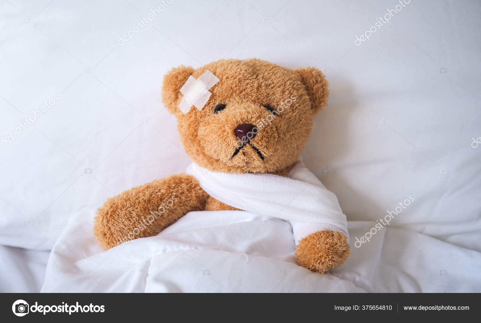 Teddy Bear Fell Ill Bed Injured Accident Insurance Concept Stock Photo