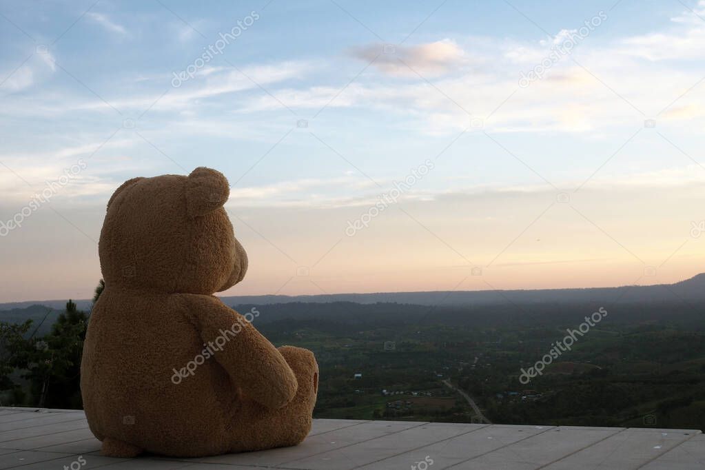 Teddy bear sitting alone on a wooden balcony. Look sad and lonely