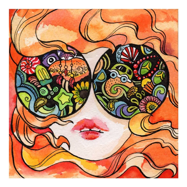 大きなサングラスの赤い髪の少女手描きの水彩画 赤い唇のヒッピーの女の子 眼鏡のドアの反射 — ストック写真