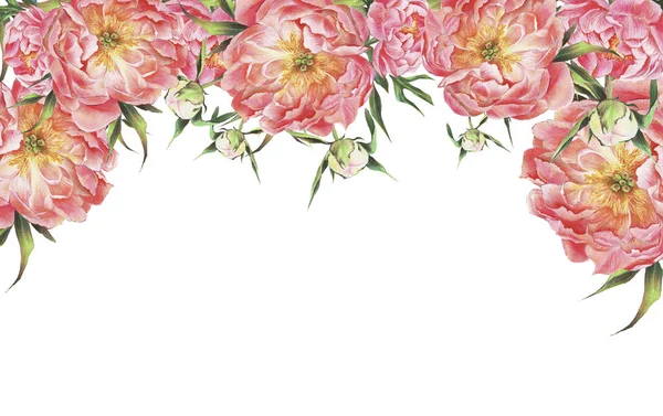 Красива квіткова рамка з розкішними букетами півоній, троянд — стокове фото