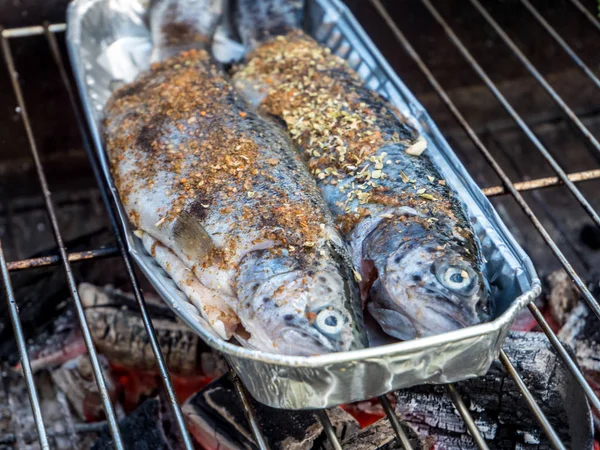 Fresh spiced trout on the grill — Stock Photo, Image