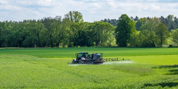 Tractor fertiliza un campo en primavera — Foto de Stock