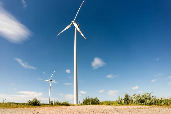 Pradera verde con turbinas eólicas generadoras de electricidad — Foto de Stock