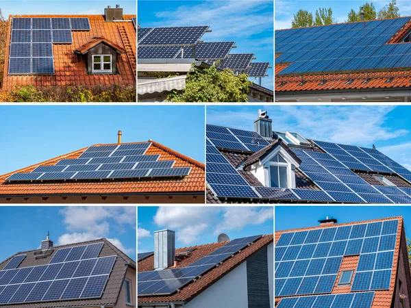 Collage photovoltaic systems on rooftops — Stock Photo, Image