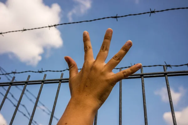 Vluchteling mannen hand en hek — Stockfoto