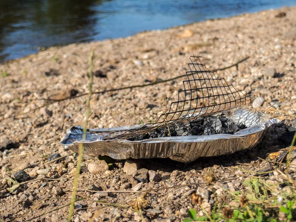 Churrasco descartável encontra-se na natureza Poluição — Fotografia de Stock