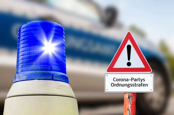 Flashing blue warning sign Corona parties regulatory office in german background