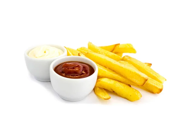 Papas Fritas Con Salsa Aislada Sobre Fondo Blanco —  Fotos de Stock