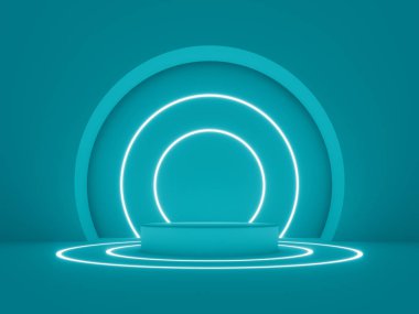pedestal, glowing line frames, neon lights, round portal, cylinder steps, abstract minimal concept, blank space, simple clean design, luxury minimalist mockup. 3d render