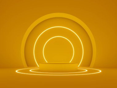 Pedestal, glowing line frames, neon lights, round portal, yellow cylinder steps, abstract minimal concept, blank space, simple clean design, luxury minimalist mockup. 3d render