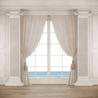 Classical style room with big window, curtains and columns. 3d render.