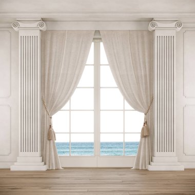 Classical style room with big window, curtains and columns. 3d render. clipart