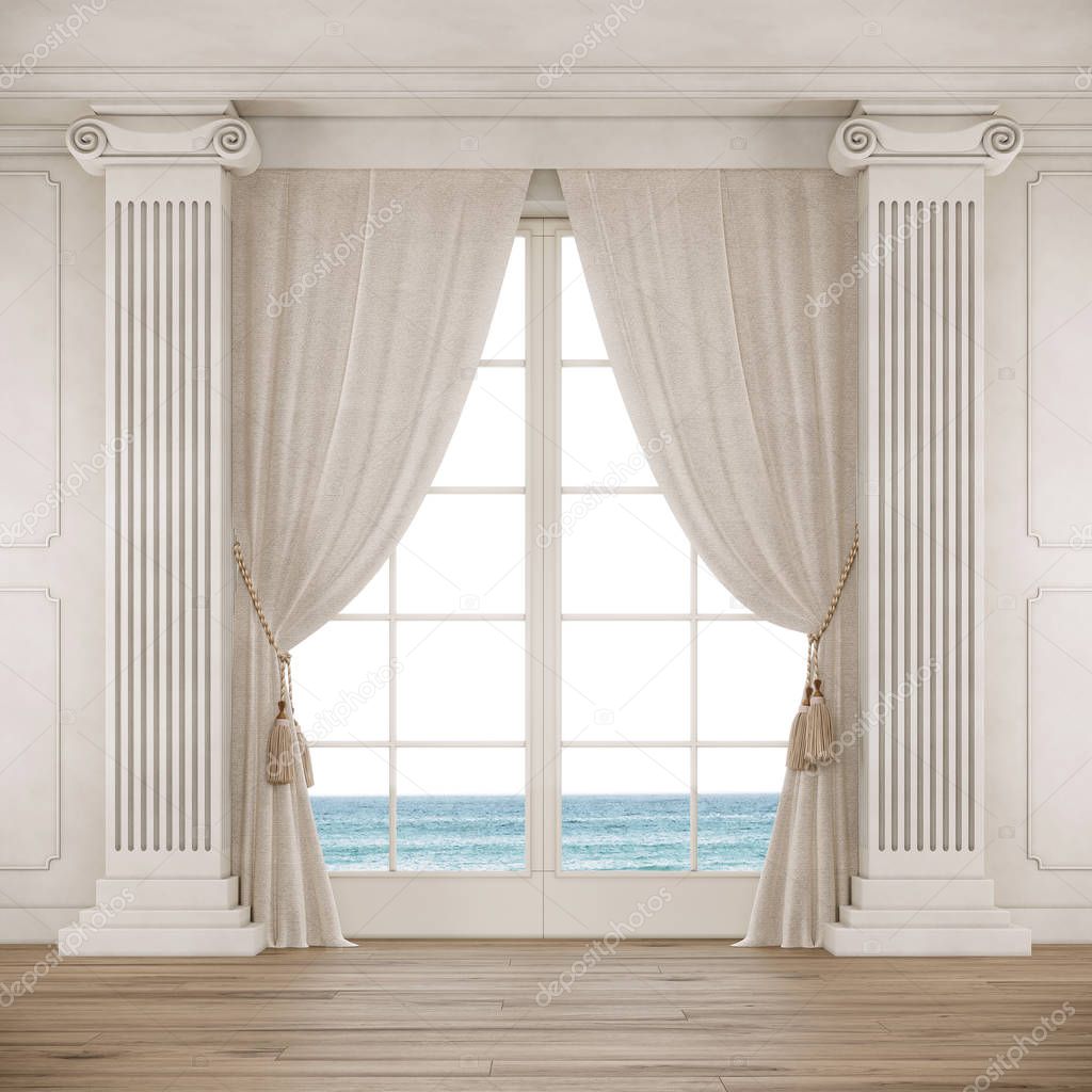 Classical style room with big window, curtains and columns. 3d render.