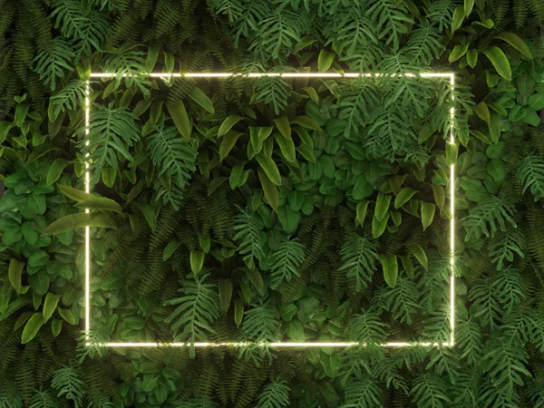 Minimal nature concept. Creative layout made of tropical leaves with white neon frame. Flat lay.