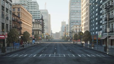 Boş şehir, Corona Virüsü karantinası sırasındaki sokaklar. 2019-Ncov, ev konseptinde kal. Tam CGI, 3D oluşturma.