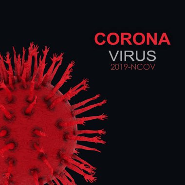 Corona virüsü ve yardım istemek için el sallama konsepti. Siyah arkaplanda 3D COVID-19 çizimi.