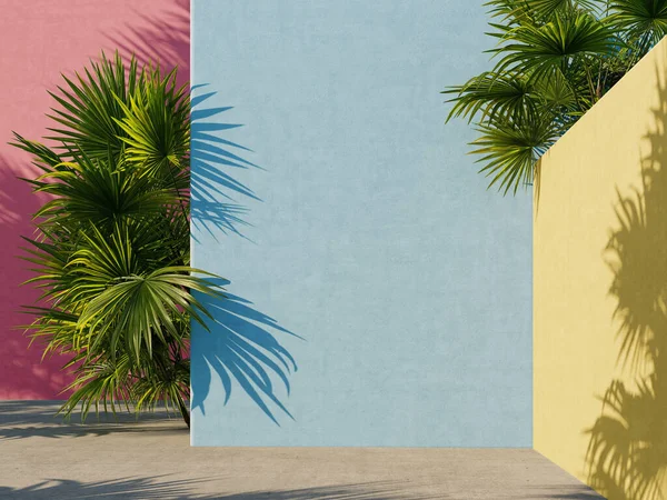 Parlak Sarı Mavi Pembe Boyalı Duvarlar Yeşil Tropikal Yapraklar Gölgeli — Stok fotoğraf