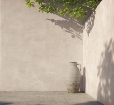 Yeşil tropikal yapraklı parlak beyaz duvar, gölgeli güneş ışığı ve sürahi çömlek. Yaz, bahar arkaplanı. 3d oluşturma.