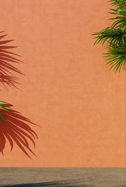 Fényes Festett Narancssárga Fal Zöld Trópusi Levelekkel Napfény Árnyékokkal Nyár — Stock Fotó