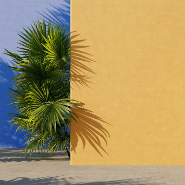 Yeşil tropikal yapraklı sarı ve mavi boyalı duvarlar, gölgeli güneş ışığı. Yaz, bahar arkaplanı. 3d oluşturma.