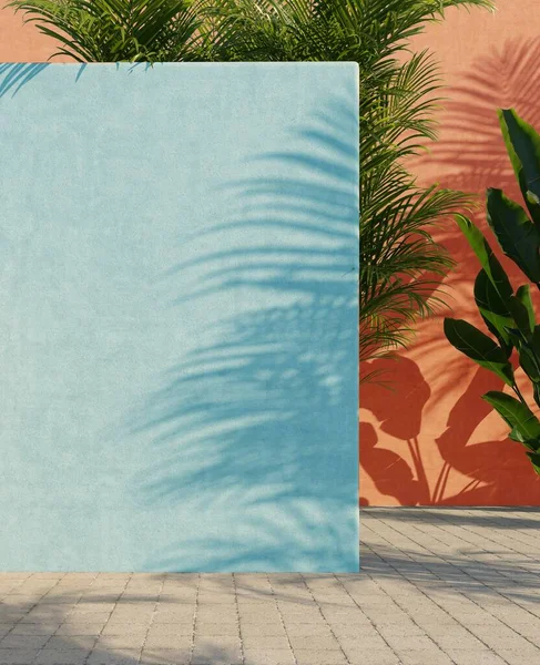 Pomalowana Pomarańczowo Turkusowa Ściana Zielonymi Liśćmi Tropikalnymi Światło Słoneczne Cieniami — Zdjęcie stockowe