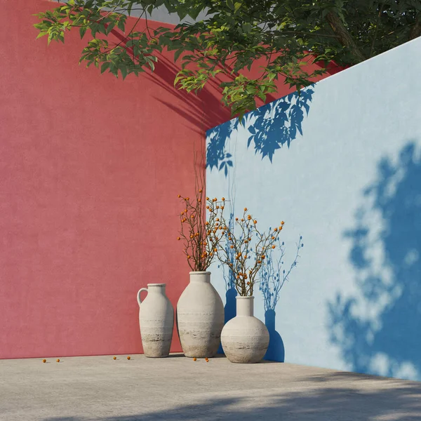 Parede Pintada Azul Vermelho Com Folhas Árvore Verde Luz Solar — Fotografia de Stock