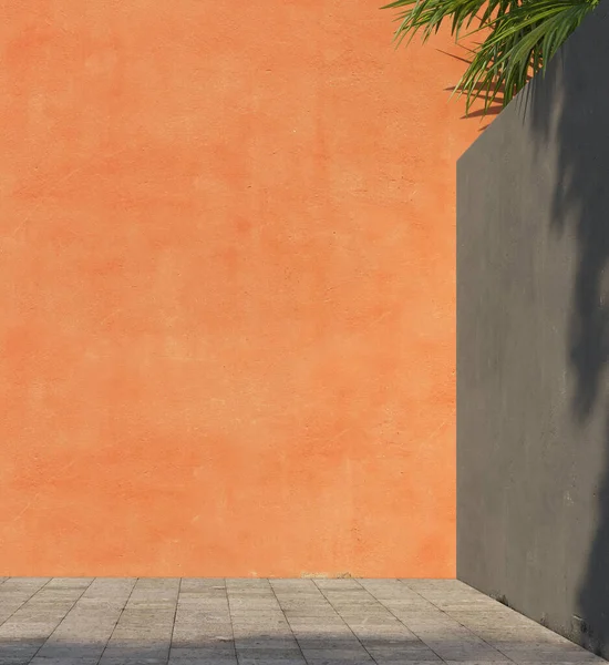緑の葉でオレンジと灰色の壁 影と日光を塗装 夏春の背景 3Dレンダリング ストック画像