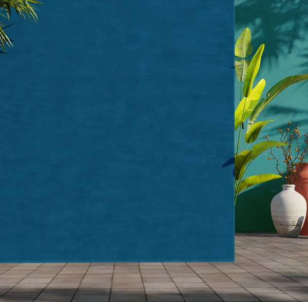 緑の熱帯の葉と青と緑の壁 影と花の鍋で日光を塗装 夏春の背景 3Dレンダリング ロイヤリティフリーのストック写真