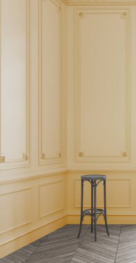 Parlak, aydınlık ve büyük pencereli boş sarı renkli bir oda. Bar taburesi, ahşap sandalye 3D çizim..