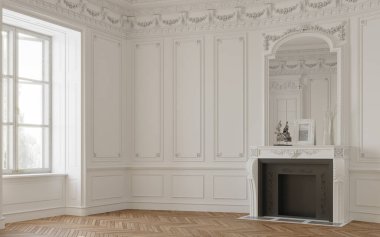 Parlak, aydınlık ve büyük pencereli beyaz renkli bir oda. Şömine ve duvar dekorasyonu. 3d oluşturma.