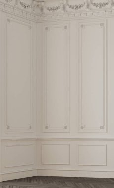 Boş, parlak beyaz renkli dekorasyonlu bir duvar. 3d oluşturma.