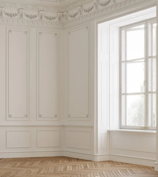 Bright, empty white room and light, big window. Decorative wall. 3d rendering.