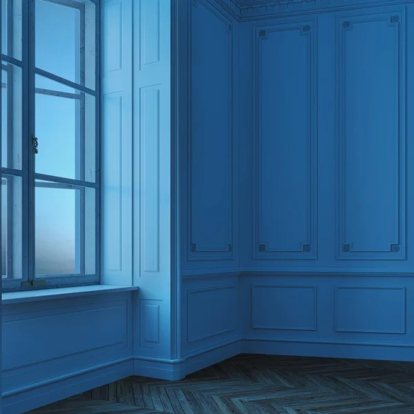 大きな窓のある夜の青い光空の白い色の部屋 3Dレンダリング ロイヤリティフリーのストック写真