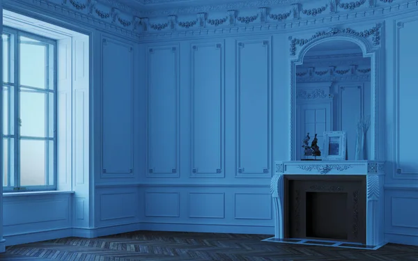 大きな窓のある夜の青い光空の白い色の部屋 暖炉や壁の装飾 3Dレンダリング ロイヤリティフリーのストック写真
