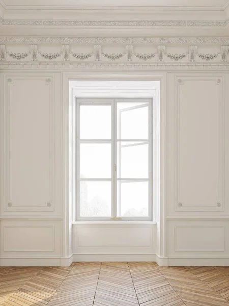 明るく 空の白い部屋と光 大きな窓 壁の装飾 3Dレンダリング ストック写真