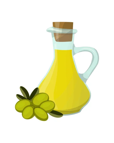 Olijfolie, glazen kan, groene olijven vruchten — Stockvector