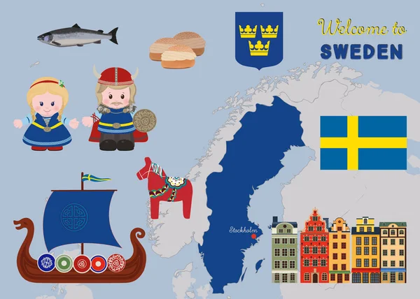 Bem-vindo à Suécia, conjunto de símbolos escandinavos — Vetor de Stock