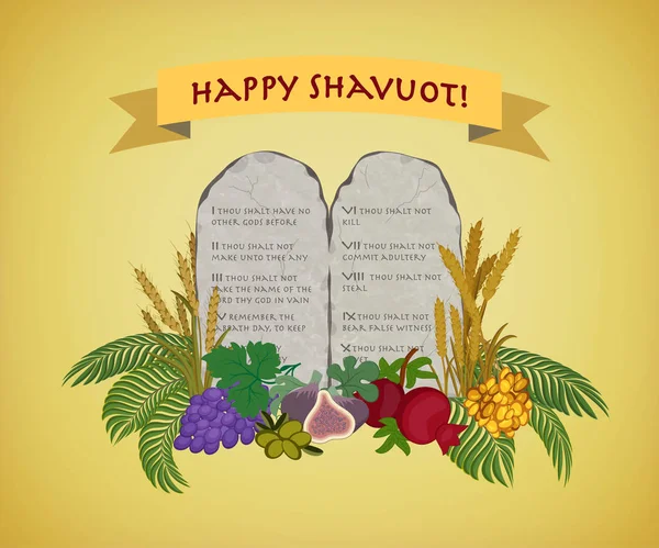 Férias judaicas de Shavuot, pastilhas de pedra e Sete espécies —  Vetores de Stock