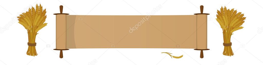 Happy Shavuot Jewish holiday greeting banner. Scroll and sheaves