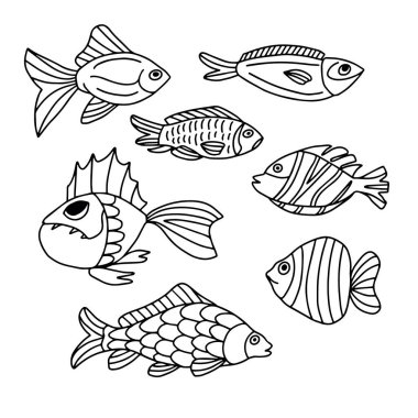 Beyaz arka planda karalama tarzında bir balık seti. Tabaklar, kapaklar, siyah ve beyaz çizimler için.