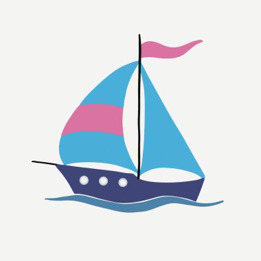 Beyaz arka planda parlak bir yelkenli gemisinin vektör görüntüsü. Deniz manzaralı kartpostalların tasarımı için, kapaklarda ve tişörtlerde parmak izleri, kupalarda çıkartmalar, paketler, saatler