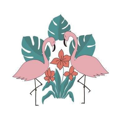 Beyaz arka planda, pembe flamingo, tropikal yaprak ve çiçek resmi olan vektör deseni. Duvar kağıtlarının, kapaklarının, giysilerin ve tekstil ürünlerinin tasarımı için.