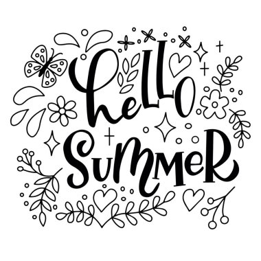 Beyaz arka planda vektör harfleri - Merhaba yaz, broşürler, kalpler, kelebekler, kartpostal tasarımı, defter kapakları, tişörtlerdeki baskılar, posterler